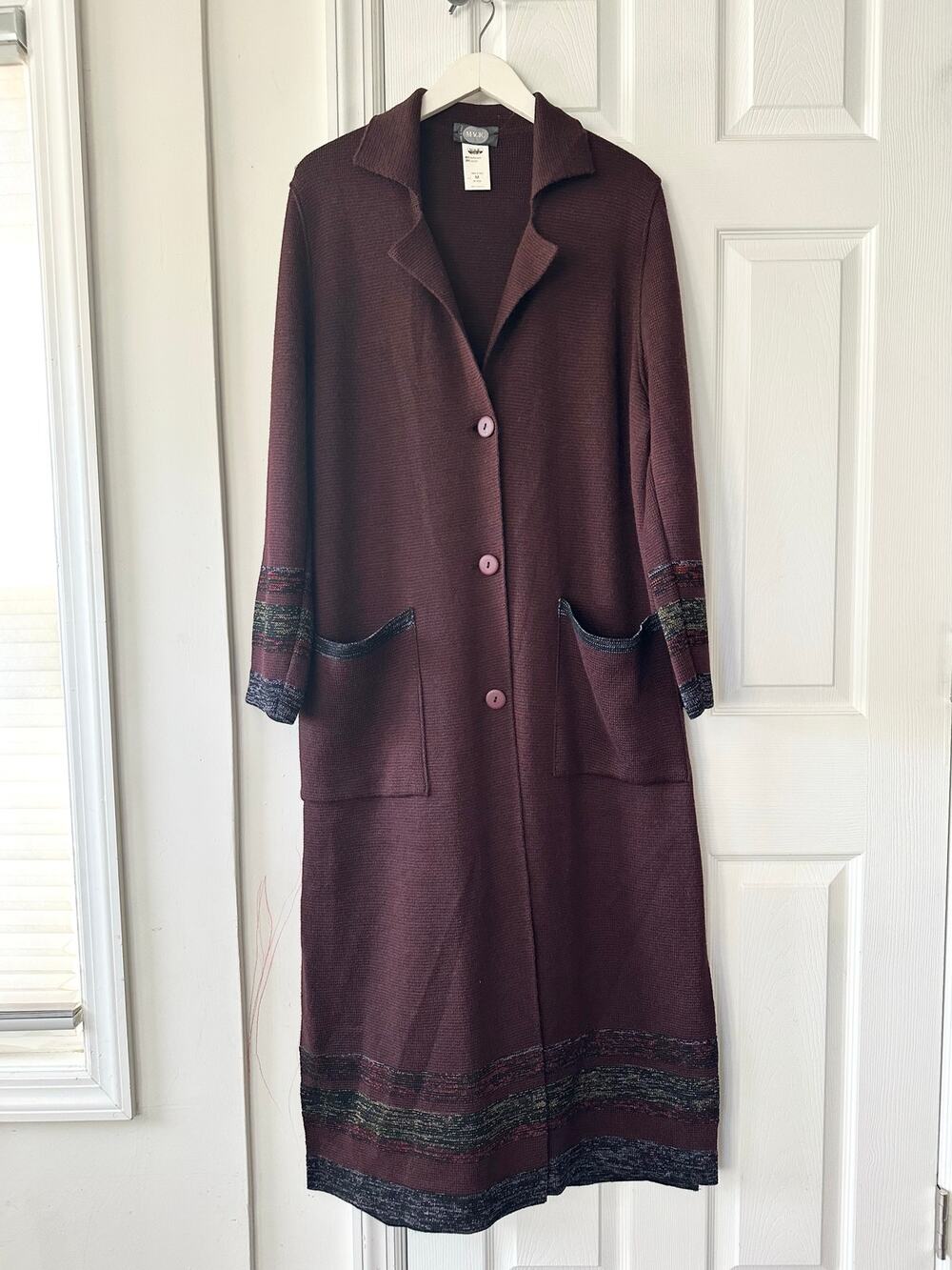 Magic Italy Burgundy Merino Wool Longline Stripe Border Button Cardigan Duster M